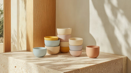A visually pleasing arrangement of colorful ceramic bowls elegantly stacked on a textured stone surface, capturing the essence of minimalist design and natural lighting.の素材