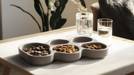 A visually pleasing setup featuring an elegant snack arrangement alongside refreshing water. The soft lighting creates a warm and inviting atmosphere perfect for relaxation.の素材