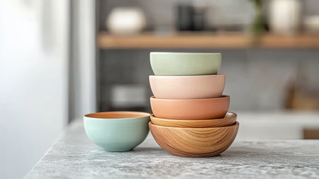 A set of beautifully stacked colorful bowls displayed on a kitchen counter, capturing the essence of modern tableware and minimalist aesthetic in soft natural light.の素材