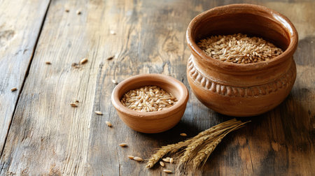Two rustic brown bowls filled with raw wheat grains are placed on a wooden table, surrounded by natural elements, perfect for agriculture and healthy eating themes.の素材