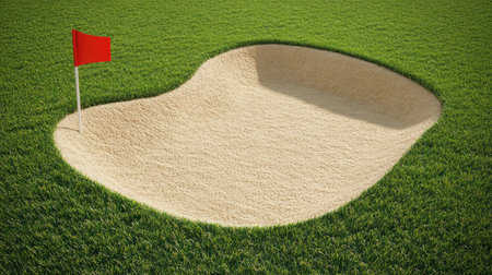 A picturesque sand trap on a golf course, marked by a vibrant red flag, surrounded by lush green grass, showcasing the essence of outdoor leisure and sport.の素材