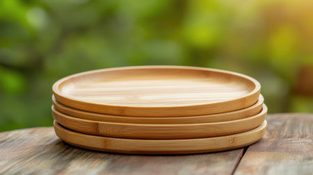 Beautiful stack of bamboo plates resting on a rustic wooden table, ideal for eco-conscious dining. The vibrant green background adds a touch of nature and warmth to any setting.の素材