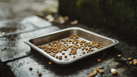 A stainless steel tray with scattered cat food crumbs rests on a rain-soaked concrete surface, capturing a moment of urban wildlife feeding in a natural setting.の素材
