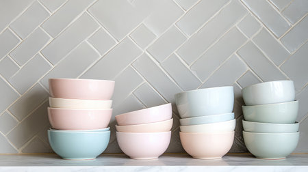 A beautiful arrangement of pastel-colored bowls stacked on a surface against a textured wall, perfect for showcasing modern kitchen decor and enhancing dining experiences.の素材