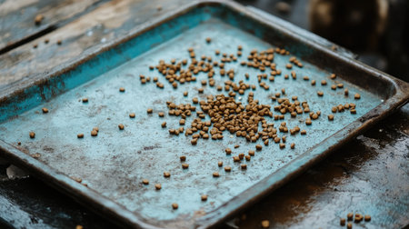 A rustic scene featuring scattered dried pet food pellets on an aged metal tray, highlighting the textures of a kitchen setting perfect for pet care themes.の素材