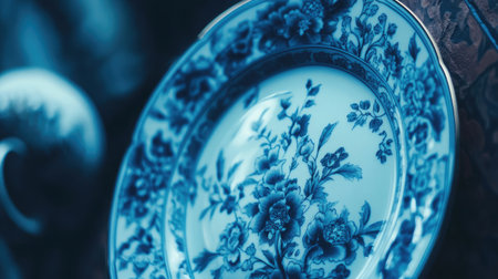 Discover an exquisite blue floral plate set in a vintage atmosphere. This piece reflects intricate artistry and adds charm to any interior decor style. Perfect for collectors and enthusiasts.の素材