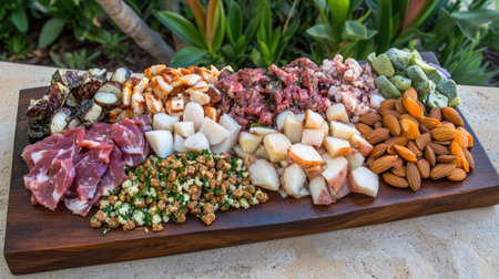 A stunning charcuterie board featuring a variety of meats, cheeses, nuts, and fresh fruits, ideal for gatherings and adding elegance to any dining experience.の素材
