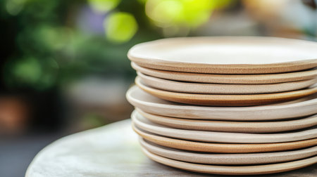 A stack of natural wooden plates sitting on a table, created for a rustic yet elegant vibe, perfect for enhancing outdoor dining experiences or kitchen decor.の素材