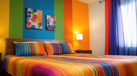 Experience a vibrant bedroom filled with colorful stripes, bright curtains, and decorative wall art that creates a cheerful and inviting atmosphere. Perfect for modern living.の素材
