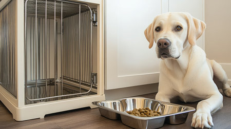 A serene scene featuring a white Labrador retriever lying on the floor next to a metal food bowl, showcasing a tranquil moment in a modern and stylish kitchen environment.の素材