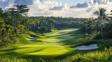 Beautiful golf course view featuring pristine green fairways, surrounded by lush palm trees under a vibrant sky, perfect for peaceful outdoor relaxation and recreation.の素材