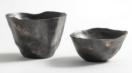 This pair of modern decorative bowls showcases unique organic shapes with a textured dark metallic finish, perfect for stylish interior decor and enhancing any table setting.の素材