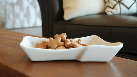A cozy living room scene featuring a white dish filled with cute dog treats on a polished wooden table, exuding comfort and warmth in an inviting atmosphere perfect for pet lovers.の素材