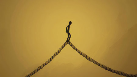 A minimalistic illustration of a stick figure poised on a tightrope, symbolizing the delicate balance between risk and determination against a warm yellow backdrop.の素材