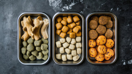 A visually appealing arrangement of assorted dog treats in stainless steel containers, showcasing different shapes, textures, and colors, perfect for attracting pets and ensuring nutritious options.の素材