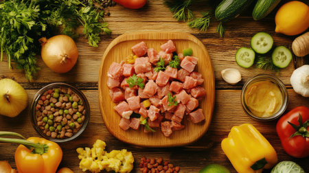A vibrant arrangement of fresh ingredients, featuring chopped meat on a wooden board, surrounded by colorful vegetables, perfect for inspiring culinary creativity in any kitchen.の素材