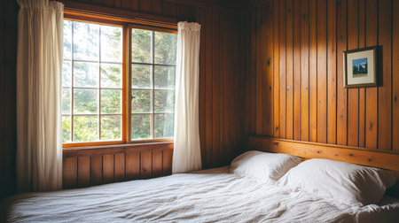 A cozy cabin interior showcasing warm wooden walls and a comfortable bed, with soft natural light illuminating the space from a window surrounded by lush greenery.の素材