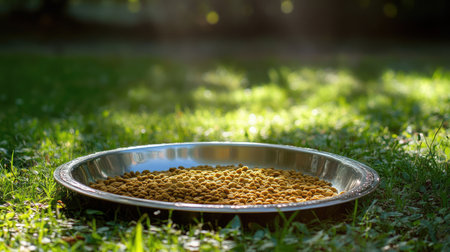 A silver plate filled with dry pet food rests on lush green grass, illuminated by soft sunlight. This serene outdoor scene captures the essence of animal care and nature.の素材