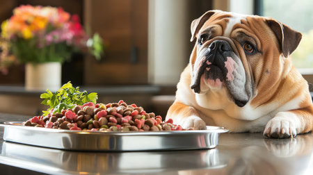 A charming bulldog rests his head on a kitchen counter, eyeing a plate of nutritious dog food, showcasing the bond between pets and their owners in a beautiful home setting.の素材