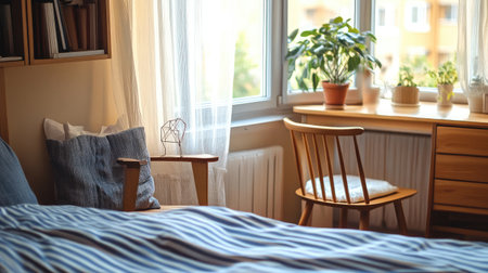 A serene bedroom featuring natural light streaming through a window, a stylish desk with plants, and a cozy bed that creates a peaceful and inviting atmosphere.の素材