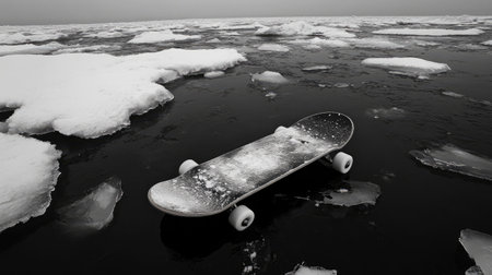 This image captures a skateboard on ice floes, presenting a striking contrast between urban elements and a tranquil frozen environment, perfect for creative projects.の素材