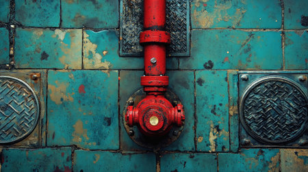 A striking image featuring a red fire hydrant on a turquoise tiled floor, surrounded by metallic manhole covers, embodying an urban industrial aesthetic with vibrant colors and textures.の素材