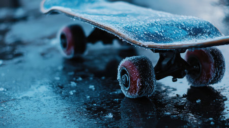 A striking image of a frost-covered skateboard resting on a slick surface, capturing the essence of winter sports and the beauty of cold, icy conditions.の素材