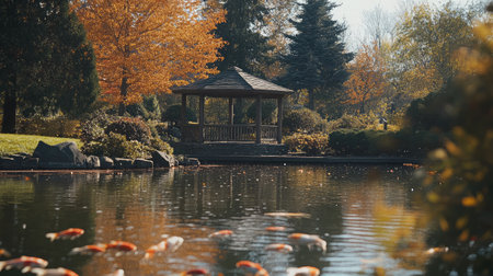 A picturesque autumn landscape featuring a gazebo by a tranquil pond. Colorful koi fish swim gracefully beneath vibrant trees, creating a serene outdoor escape.の素材