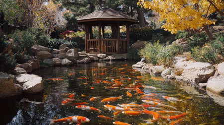 A peaceful garden scene with vibrant koi fish swimming in a clear pond, surrounded by colorful foliage and an enchanting gazebo, creating a perfect retreat in nature.の素材