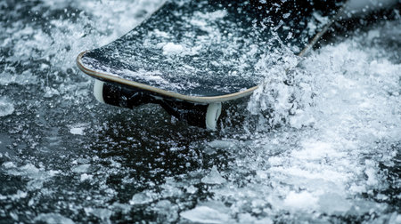 A skateboarder rides through splashing water, showcasing dynamic movement and energy in an exhilarating urban sports scene, perfect for capturing adventure and fun moments.の素材