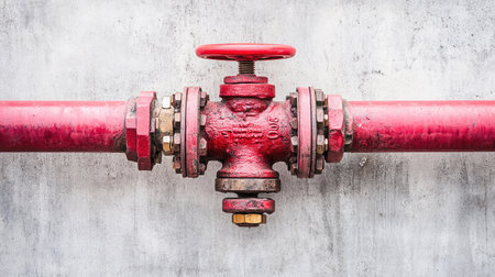 Close-up view of a red industrial valve located on a pipe with a gritty, rusty surface, set against a plain concrete wall, ideal for engineering and maintenance themes.の素材