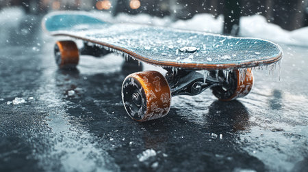 A skateboard rests on a wet urban street, covered in ice and snow, showcasing the contrast between winter elements and urban life. Perfect for winter sports themes.の素材