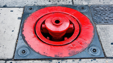 This image showcases a vibrant red fire hydrant embedded in concrete pavement, emphasizing vital safety features in urban infrastructure for emergency services.の素材