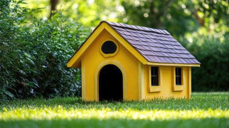 A vibrant yellow dog house sits amidst lush green grass in a peaceful backyard, creating an inviting and cozy atmosphere for pets to enjoy the outdoors.の素材
