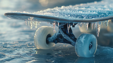 A close-up view of a frosted skateboard resting on ice, highlighting the intricate details of frost formation on wheels, capturing the essence of winter sports.の素材