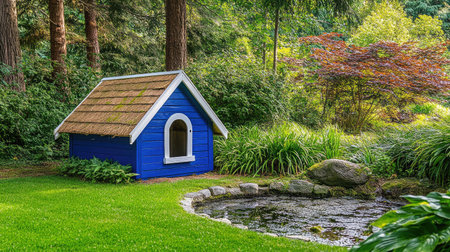 This charming blue dog house is nestled in a vibrant garden, next to a serene pond, creating a perfect outdoor retreat immersed in nature's beauty.の素材