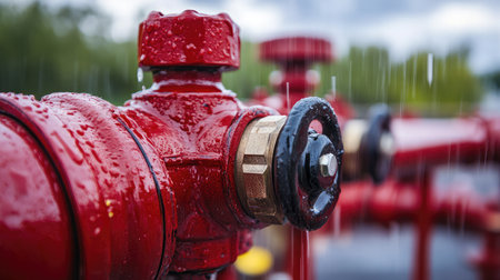 This close-up image features a red fire hydrant valve, shimmering with raindrops, highlighting its robust metal structure in an urban setting under cloudy skies.の素材