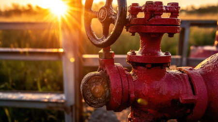 Captivating image of a red industrial valve highlighted by a stunning sunset, merging the beauty of nature with machinery in an outdoor setting.の素材