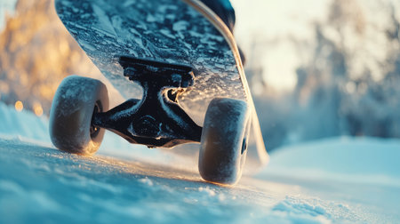 Capturing the essence of winter sports, this image shows a low angle of skateboard wheels on icy terrain during a beautiful sunset, symbolizing adventure and freedom.の素材