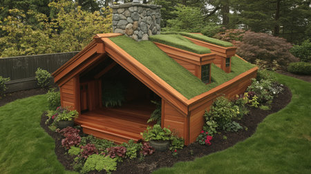 A charming wooden cabin featuring a lush green roof, surrounded by vibrant plants and trees, offers a serene outdoor living experience perfect for relaxation and nature appreciation.の素材