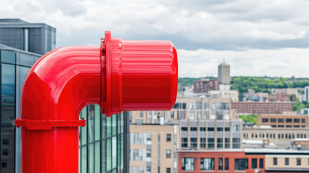 Bold red pipe endpoint on a rooftop against a bustling urban skyline, featuring modern buildings under a dramatic cloudy sky, illustrating city life and industrial design.の素材