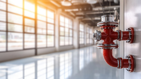 A striking red pipe fitting is mounted on a wall in a modern warehouse, filled with natural light and showcasing a clean and spacious interior ideal for industrial applications.の素材