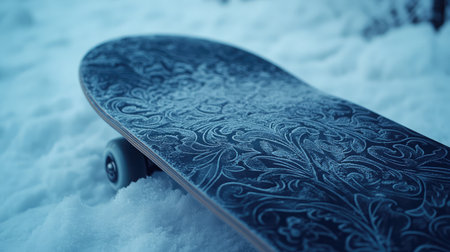A close-up view of a beautifully designed skateboard deck resting on frosty snow, capturing the essence of winter sports and the thrilling skater lifestyle.の素材