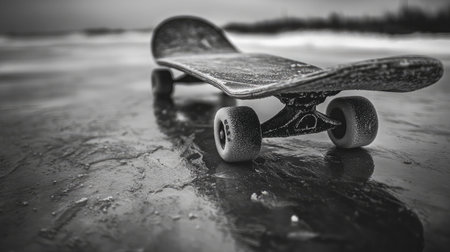 A striking black and white image of a skateboard resting on a wet beach, showcasing dramatic reflections, evoking emotions of adventure, freedom, and creativity in an outdoor setting.の素材