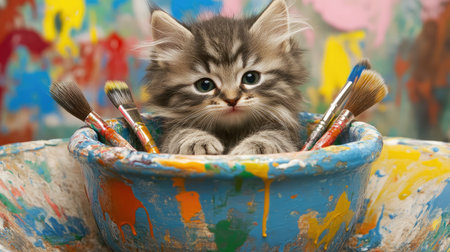 This charming image features a fluffy kitten with blue eyes sitting in a colorful paint bowl surrounded by brushes, ideal for creative projects focused on playfulness and artistry.の素材