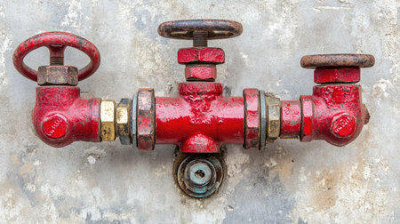 Close-up view of an antique red water valve and pipe system on a weathered grey concrete wall, highlighting vintage industrial design and unique mechanical elements.の素材