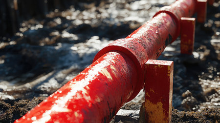 A close-up of a bright red industrial pipe positioned on a construction site, surrounded by muddy soil and water puddles, highlighting key aspects of infrastructure and engineering projects.の素材