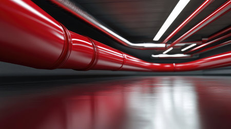A captivating industrial scene showcasing glossy red pipes running along a dark ceiling, illuminated by bright white lights, creating an intriguing visual perspective on a smooth floor.の素材
