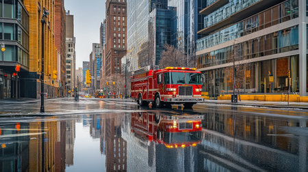 A striking red fire truck stands prominently on a wet city street, reflecting in pools of rainwater, framed by towering skyscrapers in a serene urban setting.の素材