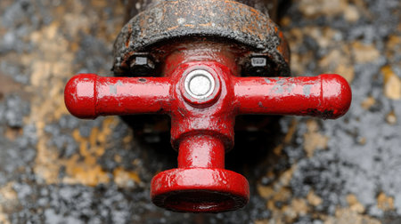 A detailed close-up of a red water valve set against a rusty pipeline, showcasing the intricate design and weathered textures ideal for engineering and industrial themes.の素材